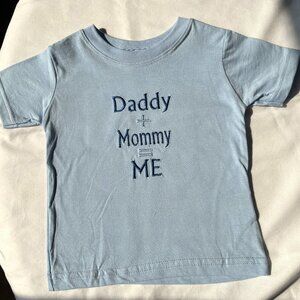Infant Light Blue T-Shirt with Embroidery on front that states "Daddy+Mommy=ME